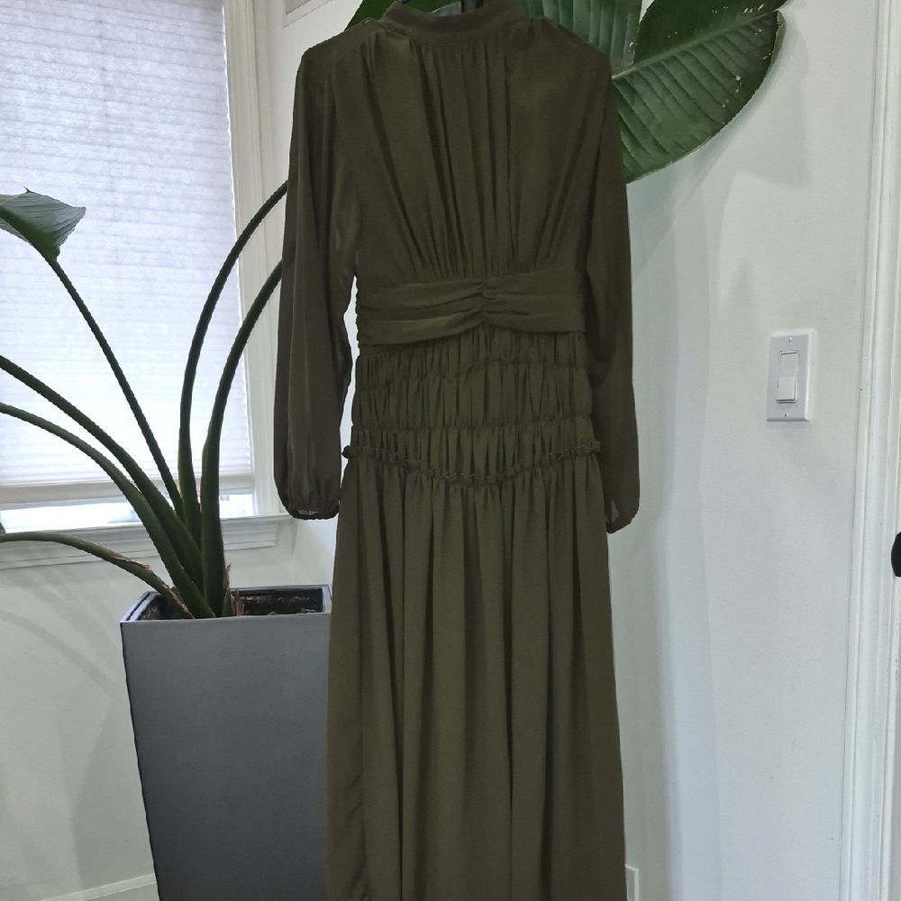 Olive Green Long-Sleeve Smocked Waist Maxi Dress